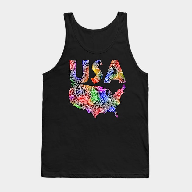 Colorful mandala art map of the United States of America with text in multicolor pattern Tank Top by Happy Citizen